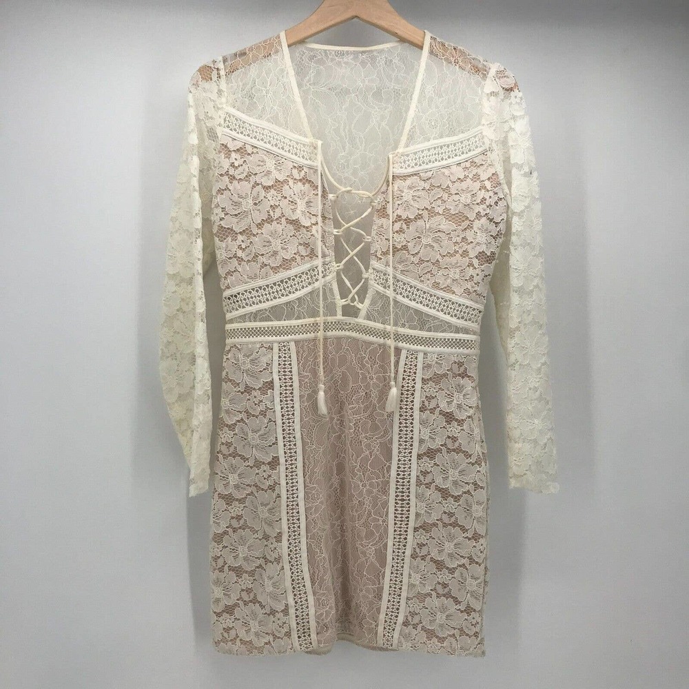 Express Dress Womens 6 Ivory Lace Semi Sheer Cut Out Deep V Neck Lace Mini Boho